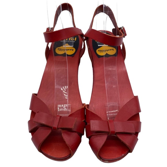 Swedish Hasbeens Sandal Red Leather Clog Bow Buckle Wood Size 8.5 - Picture 6 of 15